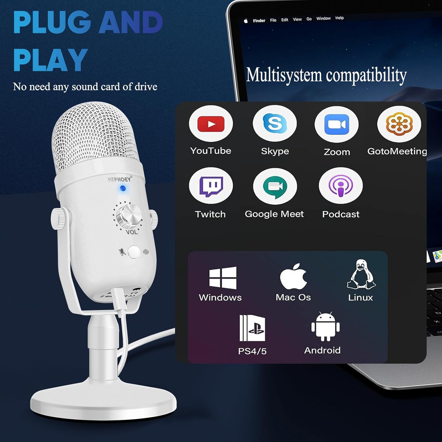 Micrófono USB para PC, micrófono de condensador de computadora Pro Podcast para juegos para PCportátilteléfonoPS45 con cancelación de ruido,