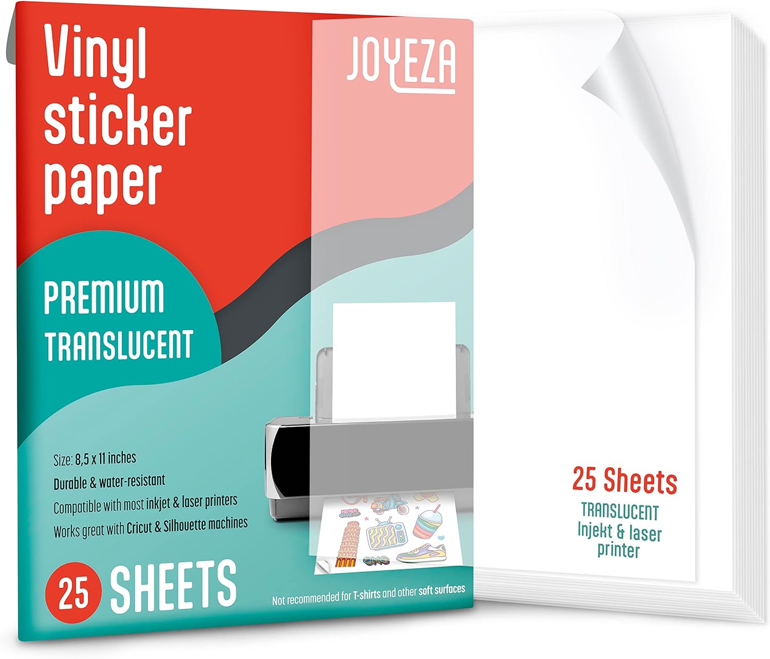 JOYEZA Papel adhesivo de vinilo imprimible de alta calidad para impresora de inyección de tinta, 25 hojas brillantes + 25 hojas translúcidas, blanco
