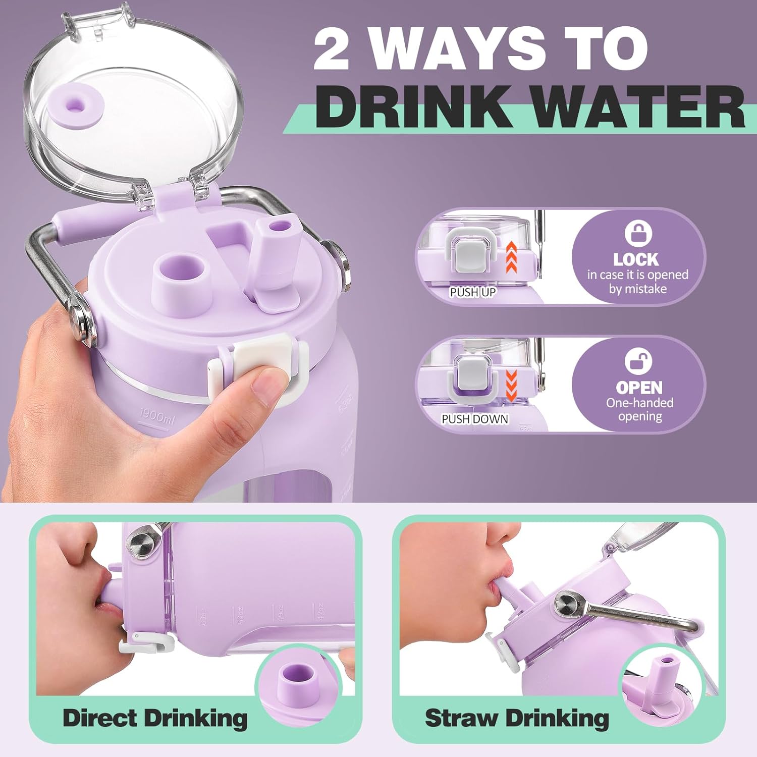 HYDRAGLAZIC Botella de agua de vidrio de 64 onzas, botella de agua potable de vidrio con popote y mango de acero inoxidable, botella de agua