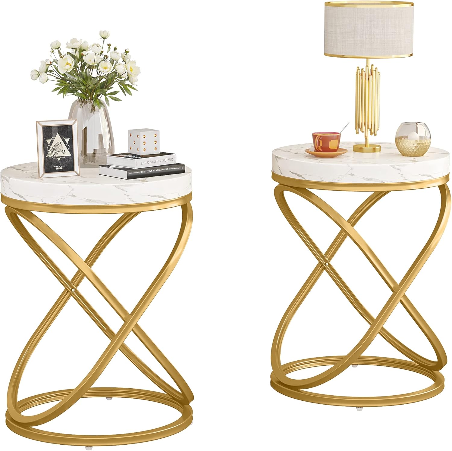 Juego de 2 mesas auxiliares redondas de mármol sintético blanco con marco de metal dorado, mesas decorativas modernas de mediados de siglo para sala