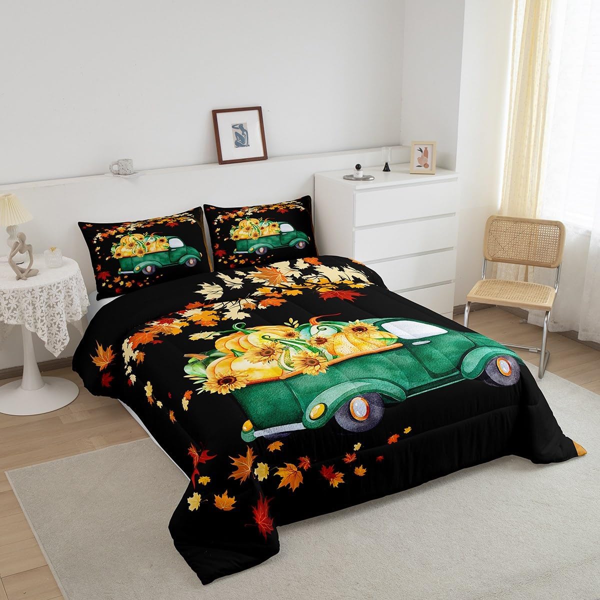 CYJS11386ZMD-BZ_USk – Juego de edredón de otoño con diseño de calabaza, camión, automóvil, hojas de arce, cosecha de otoño, rústico, para niños,