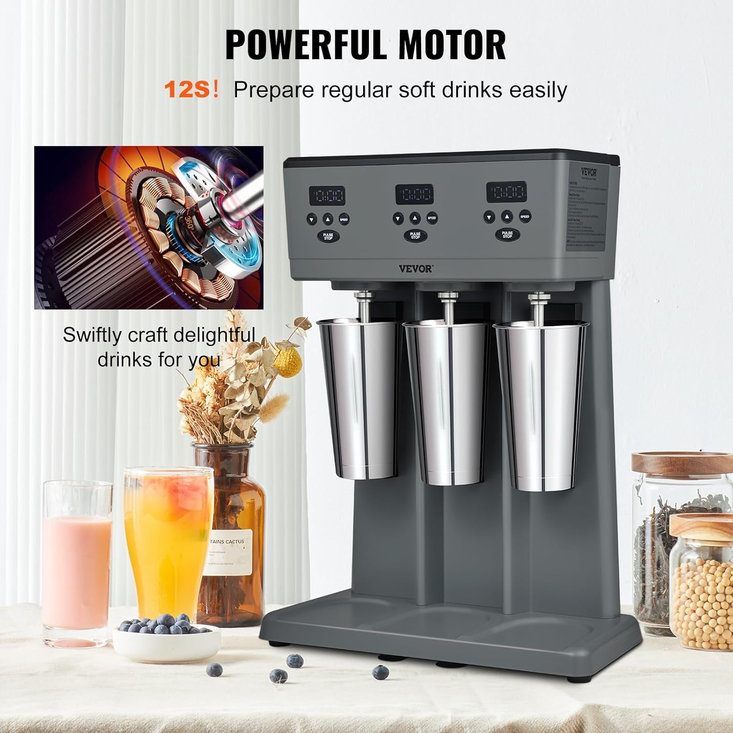 VEVOR Batidora eléctrica de 375 W x 3, mezclador de bebidas comercial de triple cabezal, microinterruptor inteligente LED, mezclador de batido de 3