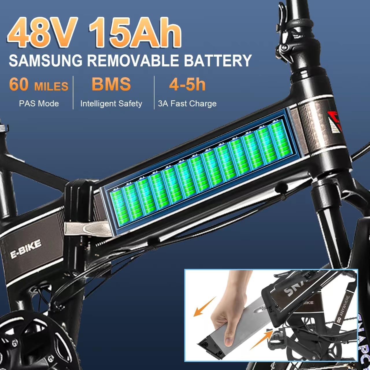 Snapcycle Eagle – Bicicleta eléctrica plegable de 750 W para adultos, 28 MPH, 20 pulgadas, neumático grueso, batería extraíble Samsung, 48 V, 15 Ah,
