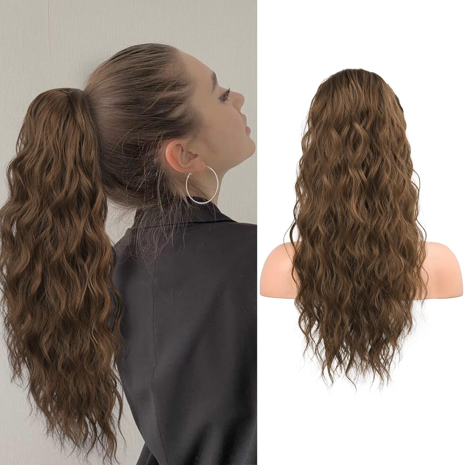 FLUFYMOOZ Extensión de cola de caballo, 22 pulgadas, extensiones de cabello sintético ondulado largo y rizado para mujer (22 pulgadas, marrón con