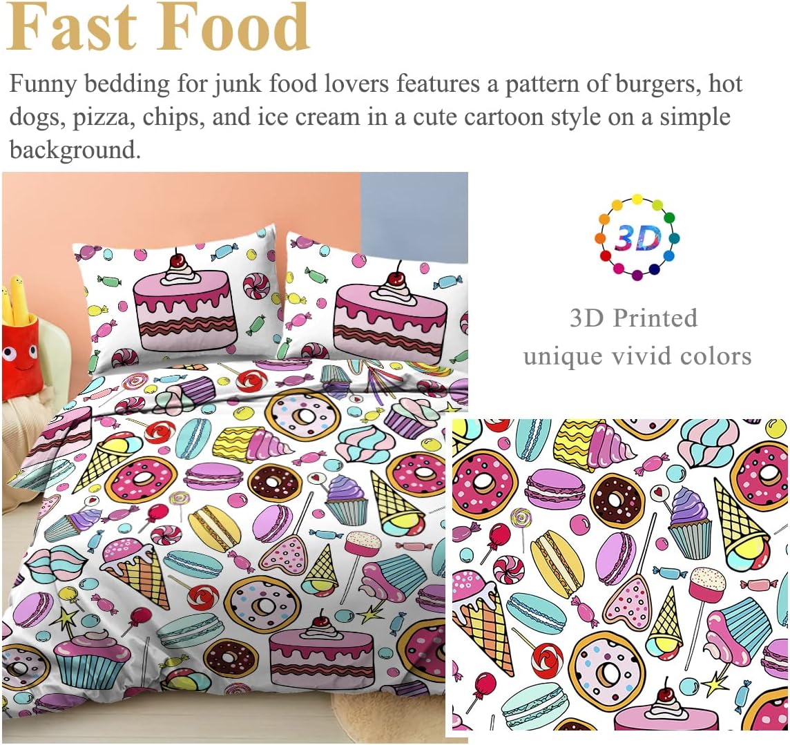Sweet Treats – Juego de ropa de cama femenina de 3 piezas con diseño de cupcakes, helado, caramelo, juego de funda de edredón de postre arcoíris