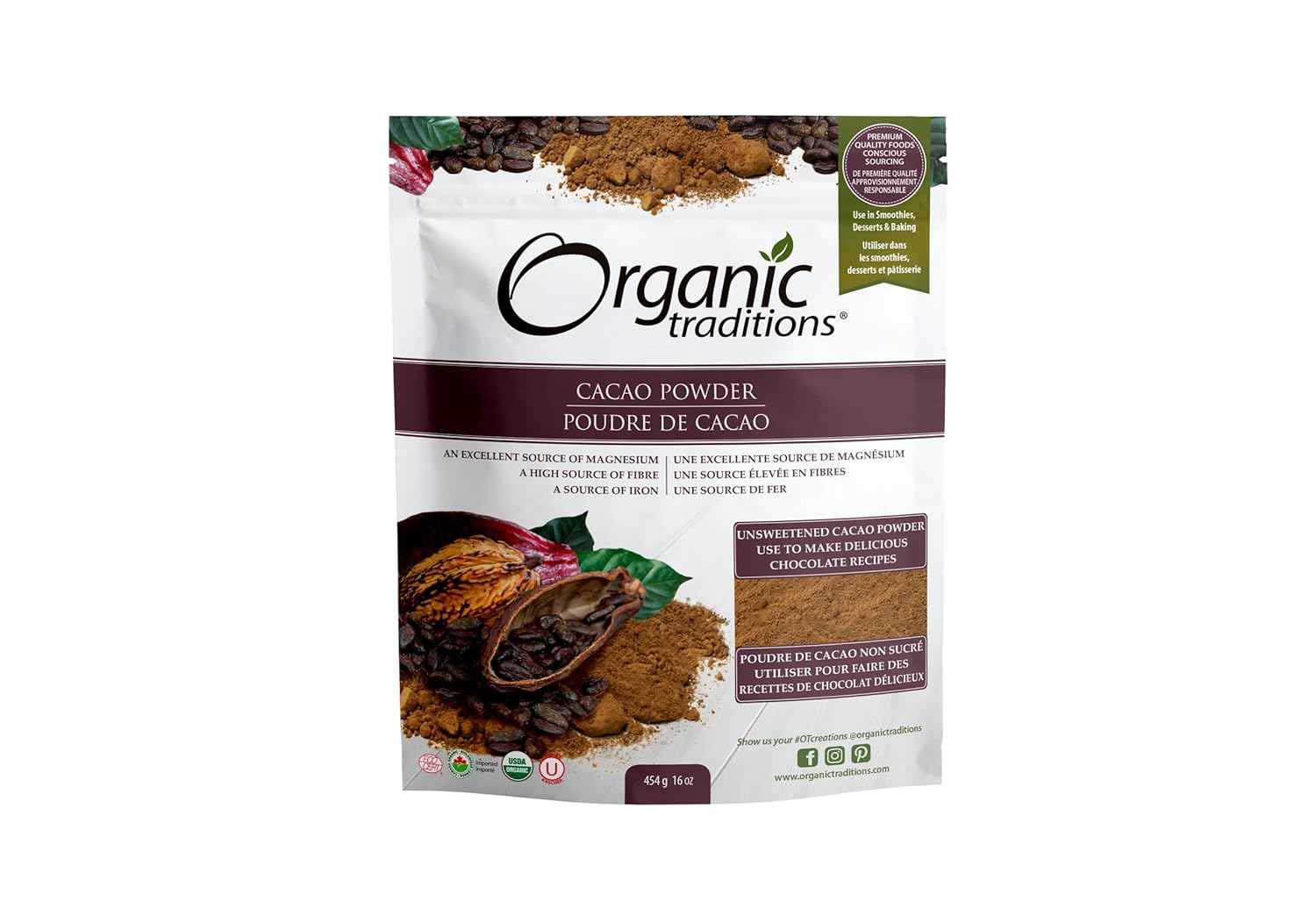 Organic Traditions Polvo orgánico, cacao, 16 onzas
