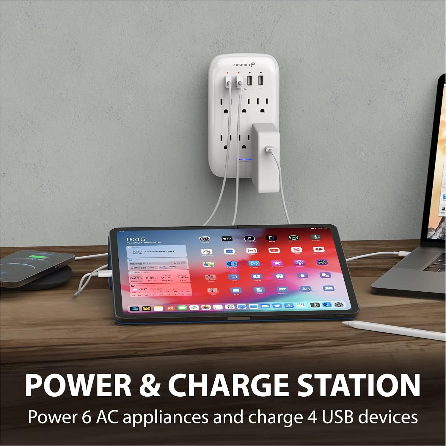 Fosmon Protector de sobretensiones de pared de 6 tomacorrientes extensor de toma de corriente adaptador de montaje en pared con 4 puertos de carga - Imagen 3