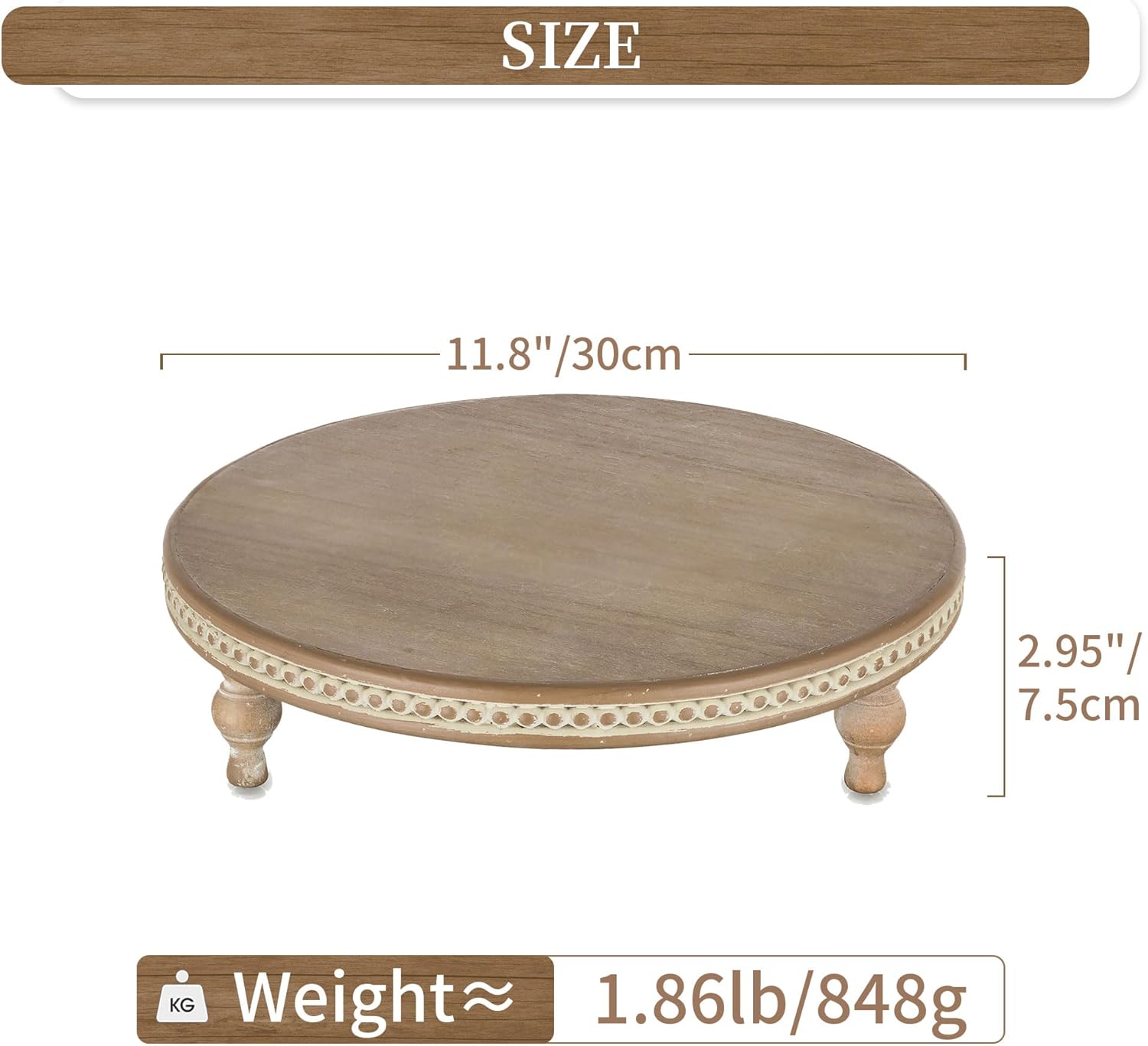 Hanobe Elevadores redondos de madera soporte de pedestal de madera con cuentas para decoración del hogar, bandejas decorativas marrones para