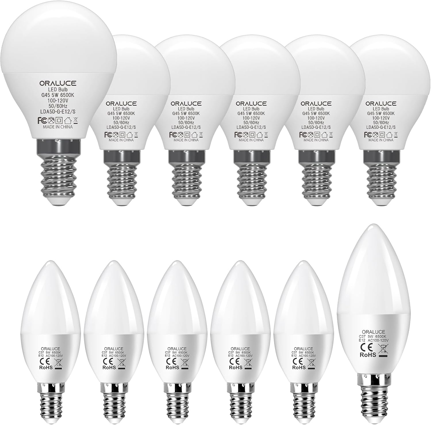 ORALUCE Paquete de bombillas de candelabro blanco frío 6500K y bombilla LED A15 blanco frío 6500K (cada paquete de 6)