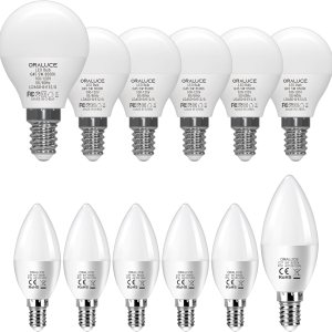 ORALUCE Paquete de bombillas de candelabro blanco frío 6500K y bombilla LED A15 blanco frío 6500K (cada paquete de 6) ORALUCE Paquete de bombillas de candelabro blanco frío 6500K y bombilla LED A15 blanco frío 6500K (cada paquete de 6)