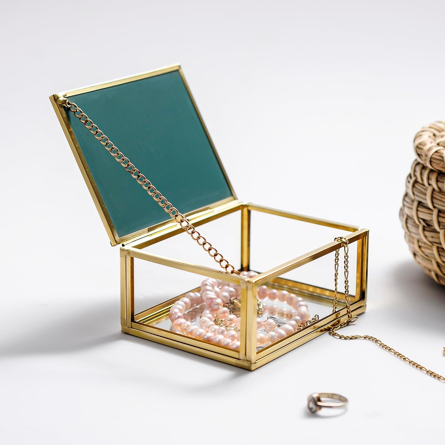 4x3x1.5″ Brass Glass jewelry Ring Box Wedding Mirrored Based