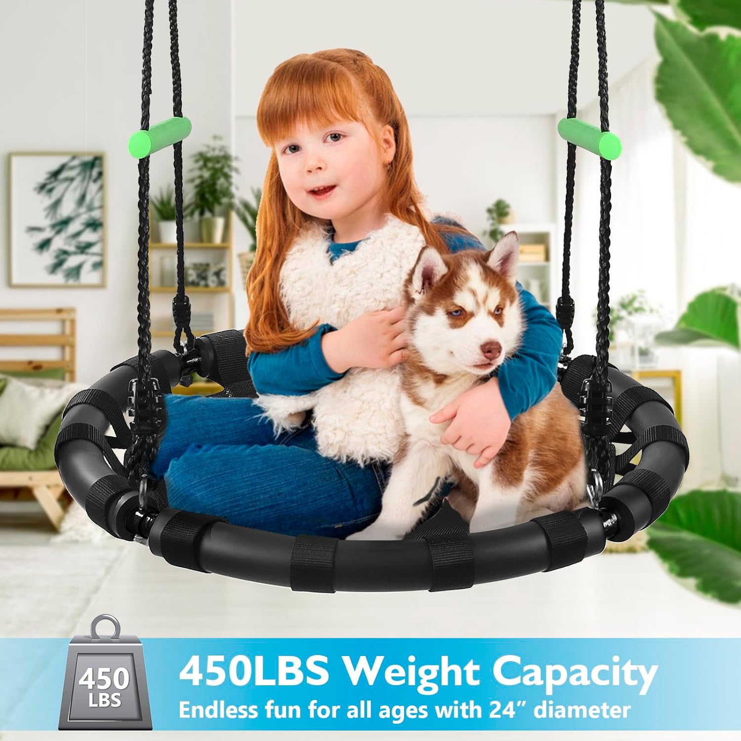 ZBZBML Columpio de árbol con alfombrilla de polipropileno para niños y adultos, duradero, seguro y fácil de instalar, columpio negro para platillo