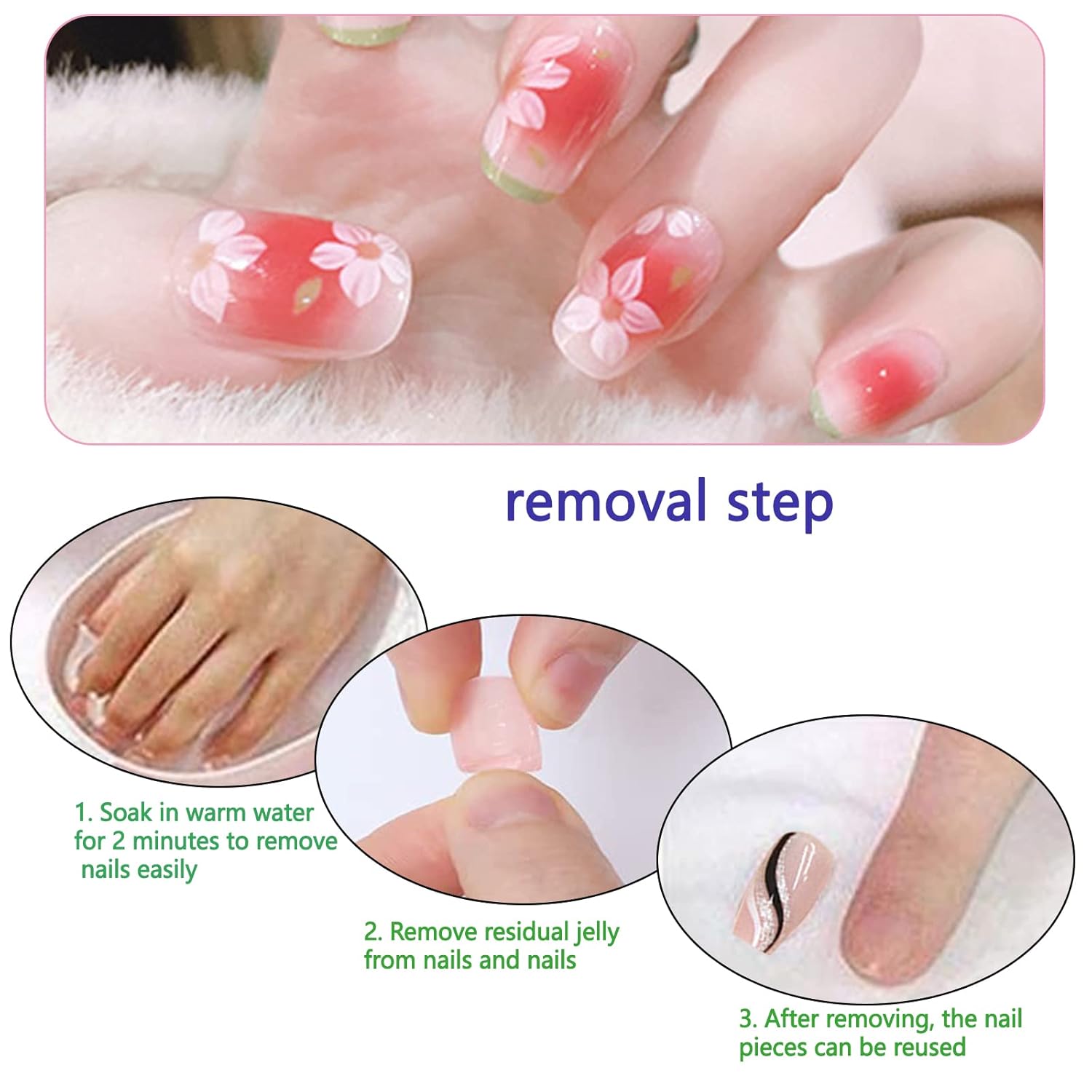 Uñas postizas medianas de punta francesa verde, uñas postizas ovaladas de flores blancas, uñas postizas acrílicas brillantes, uñas artificiales de