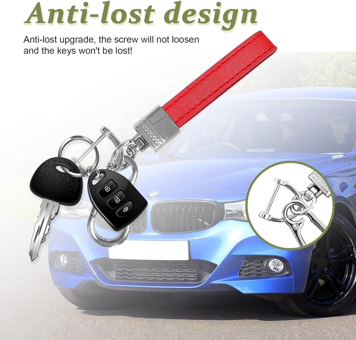 Llavero de cuero de microfibra para automóvil, giratorio de 360 grados, con anillo en D antipérdida, llavero y destornillador (rojo y plateado)