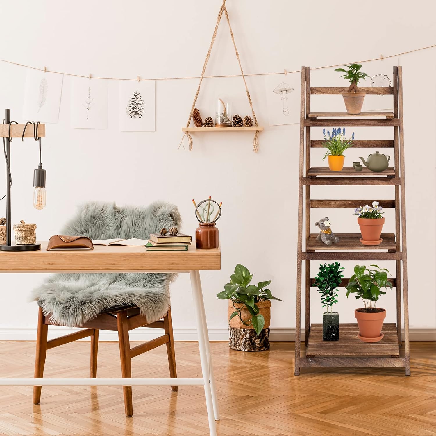 ECOMEX Estante de escalera de 4 niveles, estante de escalera de madera de 4 niveles, estante de escalera plegable rústico para almacenamiento para