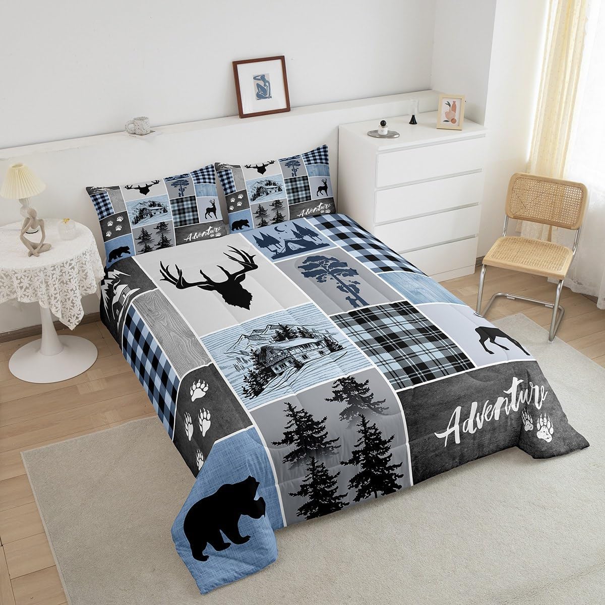 Manfei Juego de edredón de cornamenta de ciervo, tamaño Queen, juego de ropa de cama rústica de Navidad con patas de oso para decoración de