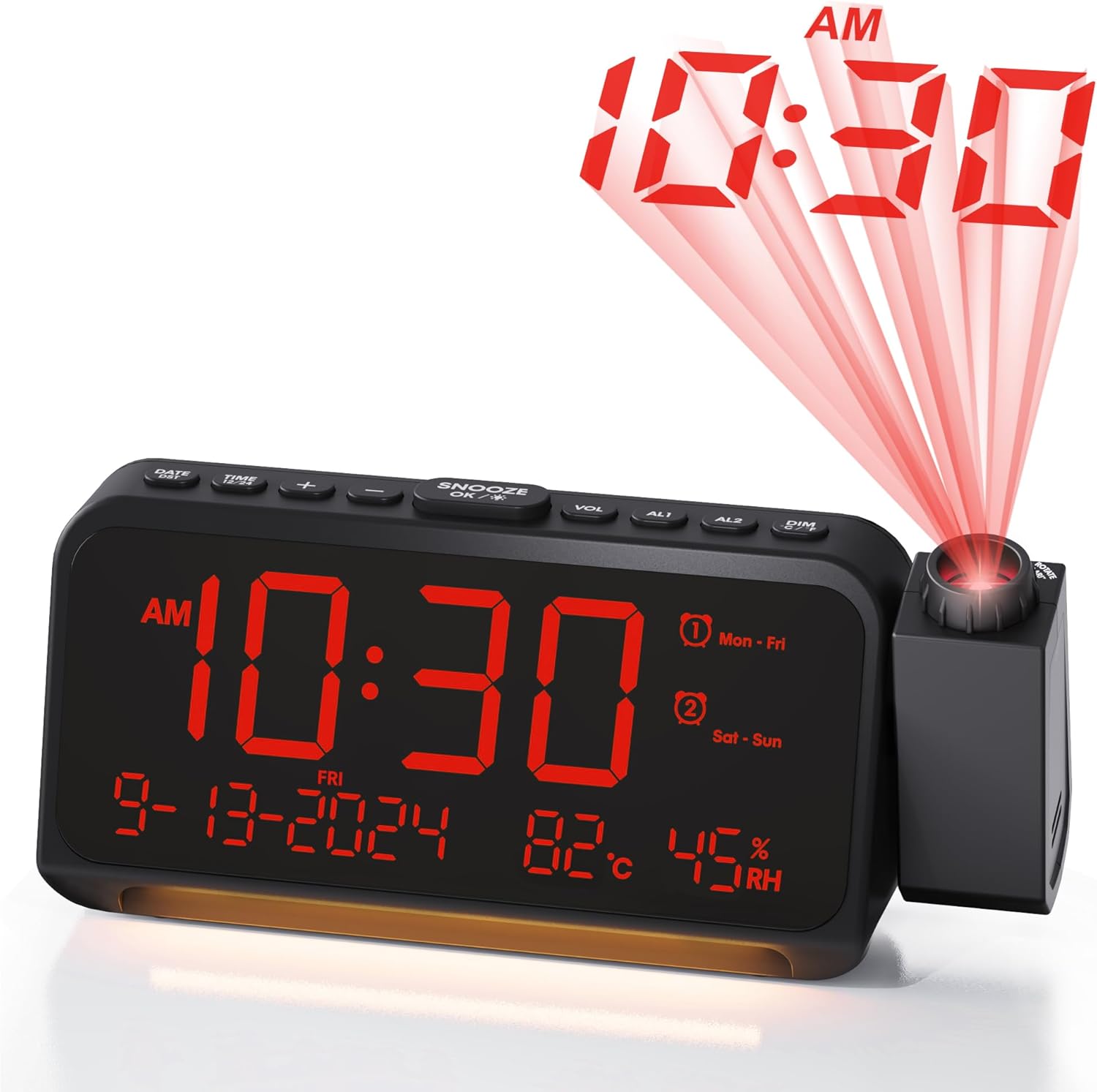Reloj despertador de proyección para dormitorio, reloj digital con fecha y día de la semana para ancianos, temperatura y humedad, alarma dual con