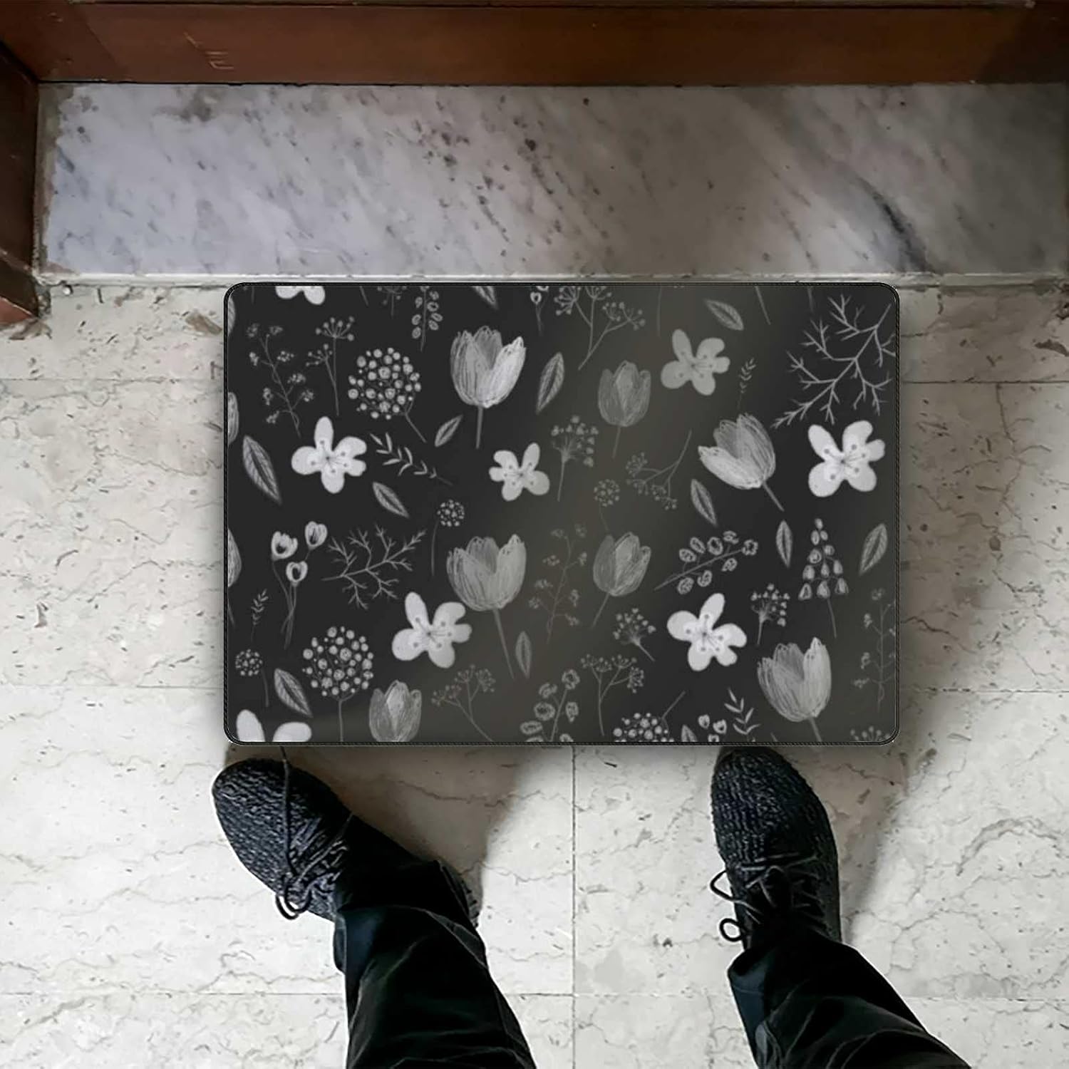 Alfombras de espuma suave pintadas a mano en blanco y negro, diseño de tulipanes lavables, antideslizantes, alfombra de baño para decoración del