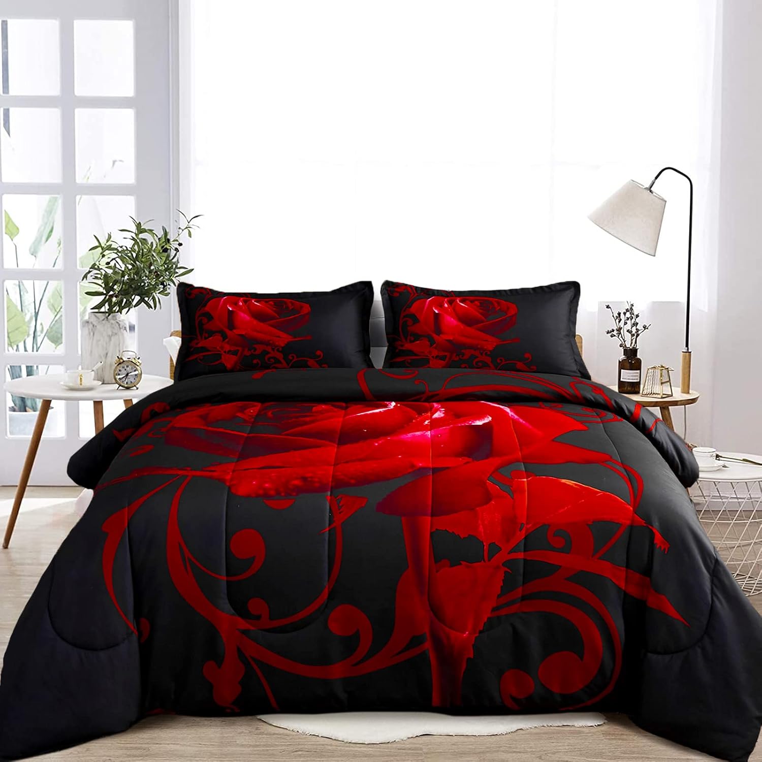 Juego de edredón rojo reversible con patrón de rosas rojas con 2 fundas de almohada para todas las estaciones, juego de ropa de cama ligero de