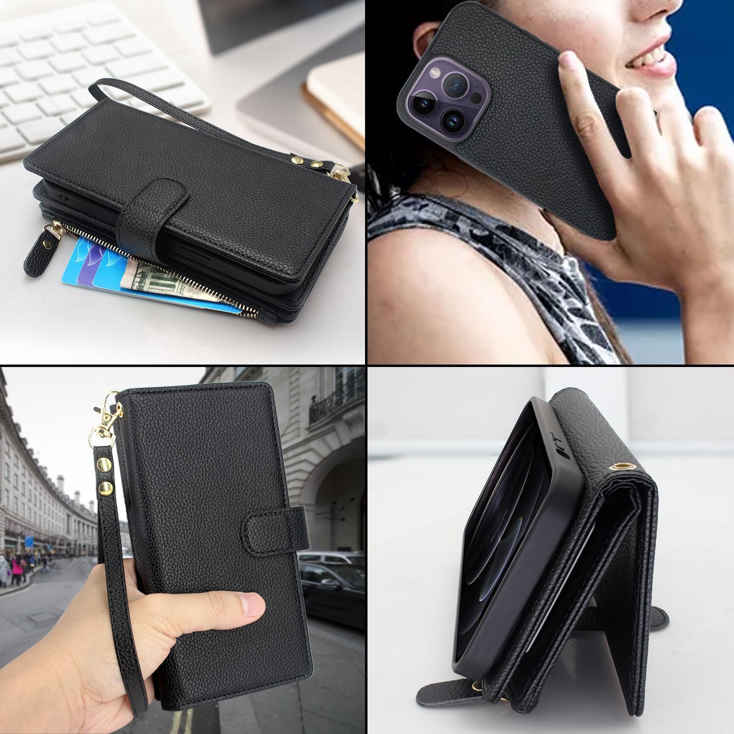 Lacass Compatible con MagSafe Case Wallet para iPhone 14 Pro Max de 6.7 pulgadas, 2 en 1, magnética, desmontable, de piel, con tarjetero y correa
