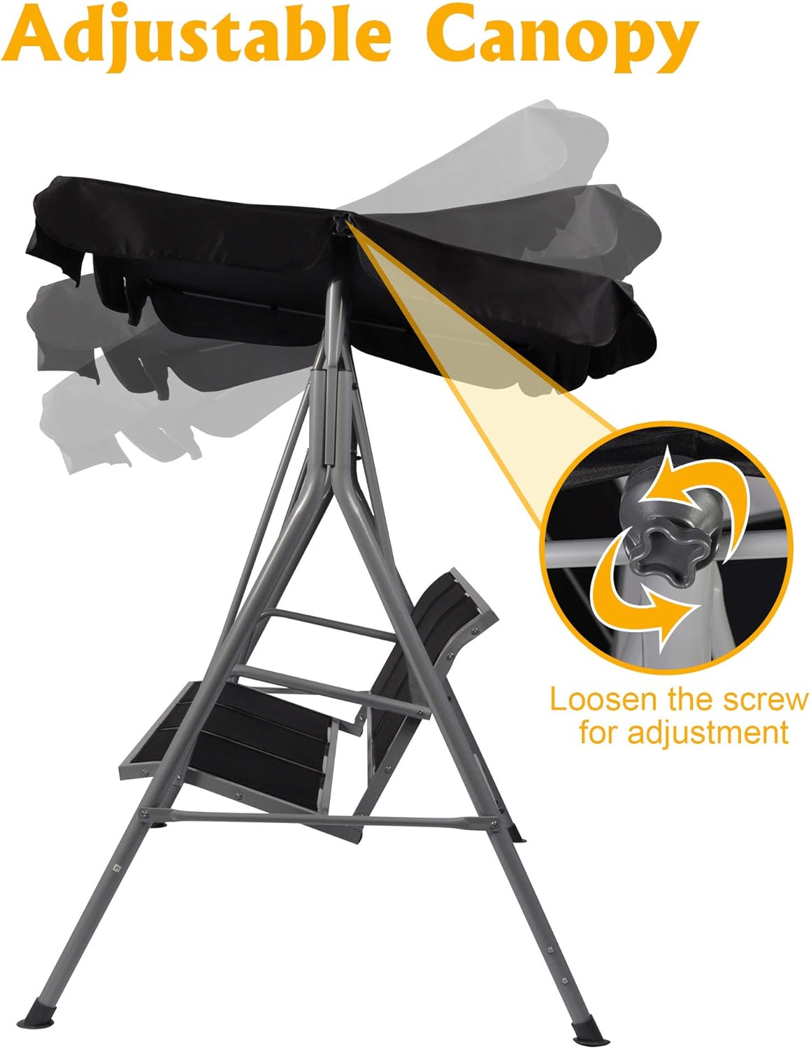 Columpio de patio para 3 personas con toldo convertible, marco resistente a la intemperie y asiento transpirable, cómodo banco de columpio al aire