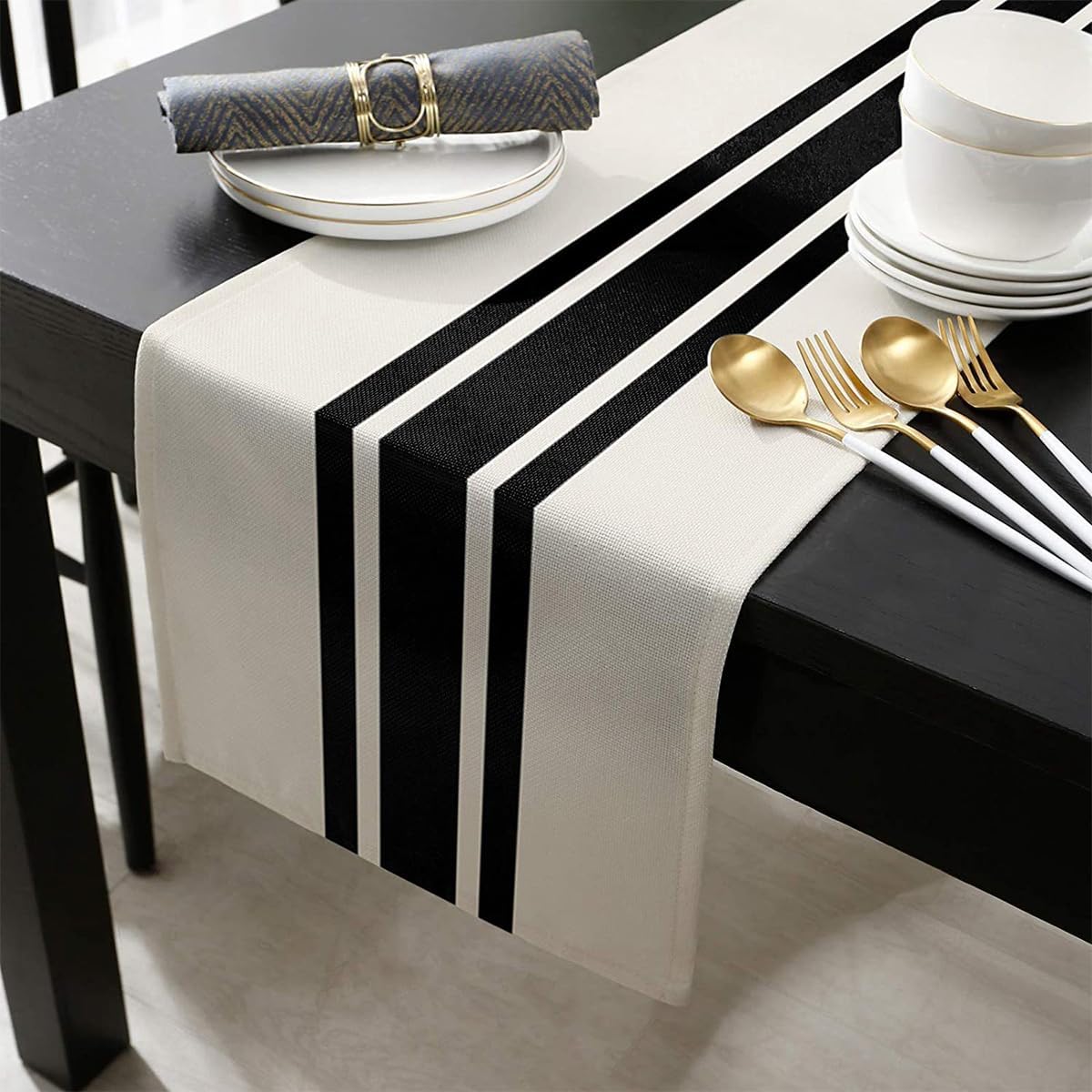 Camino de mesa, moderno camino de mesa de granja, camino de mesa a rayas negras y beige para mesa de comedor rústica bohemia (rayas negras12 x 72