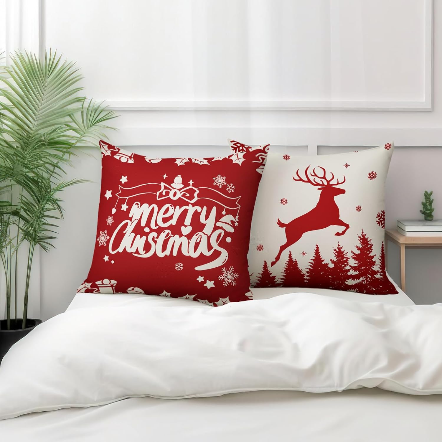 Fundas de almohada de reno de invierno de 18 x 18 pulgadas, funda de almohada de árbol de Navidad, fundas de almohada de lino para decoración de