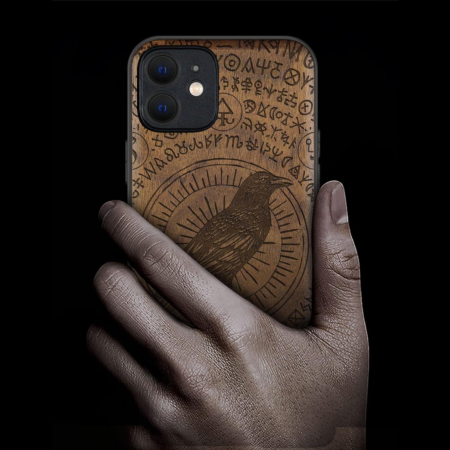Carveit Funda magnética de madera para iPhone 12 madera natural y TPU suave negro a prueba de golpes, funda protectora única y elegante de madera