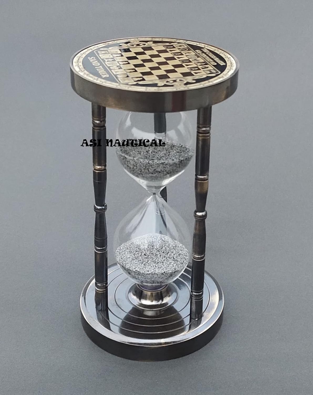 Temporizador de reloj de arena antiguo náutico de 5 minutos, reloj de arena de latón macizo con ajedrez en ambos lados (sin brújula)