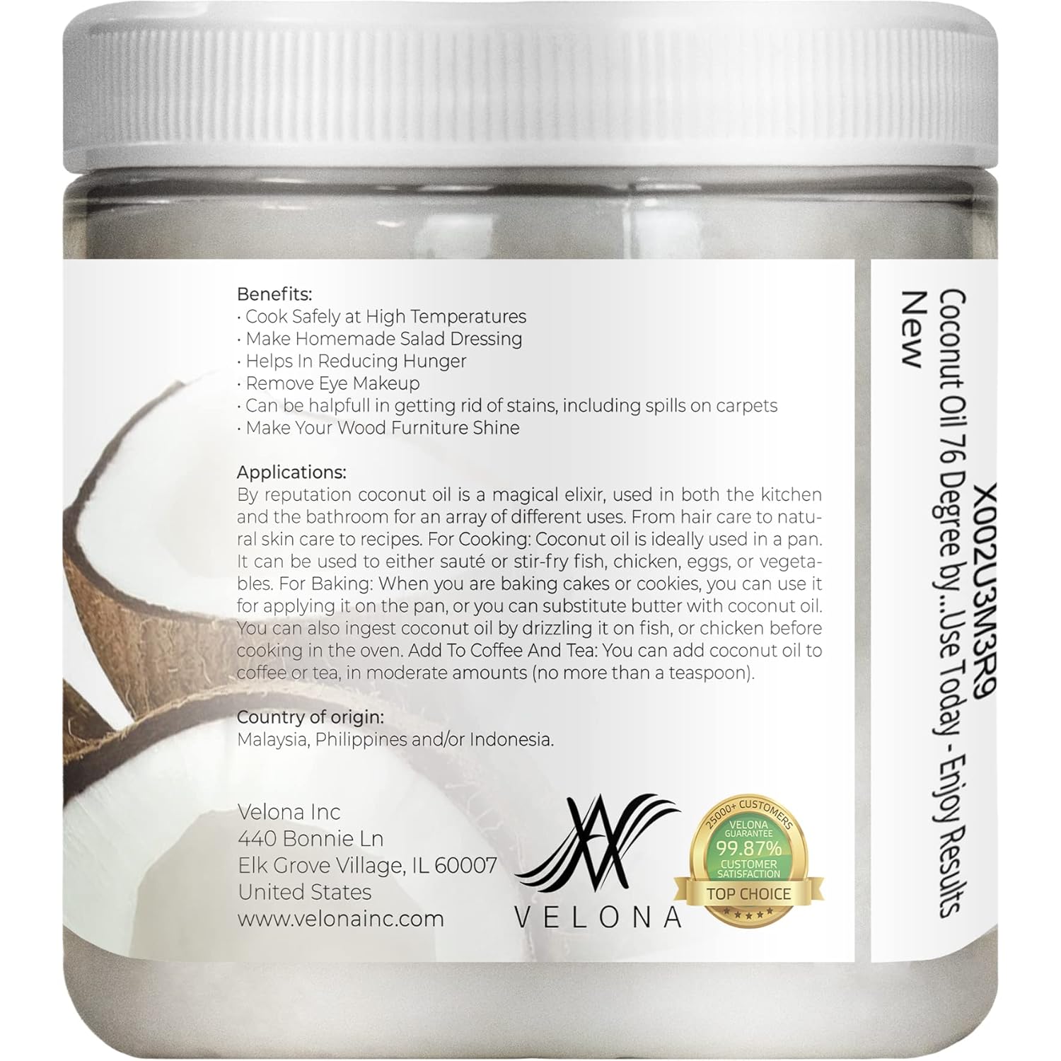 velona Aceite de coco 76 grados 8 onzas  Aceite portador 100% puro y natural  en tarro  refinado, prensado en frío  Cuidado de la piel, cara,