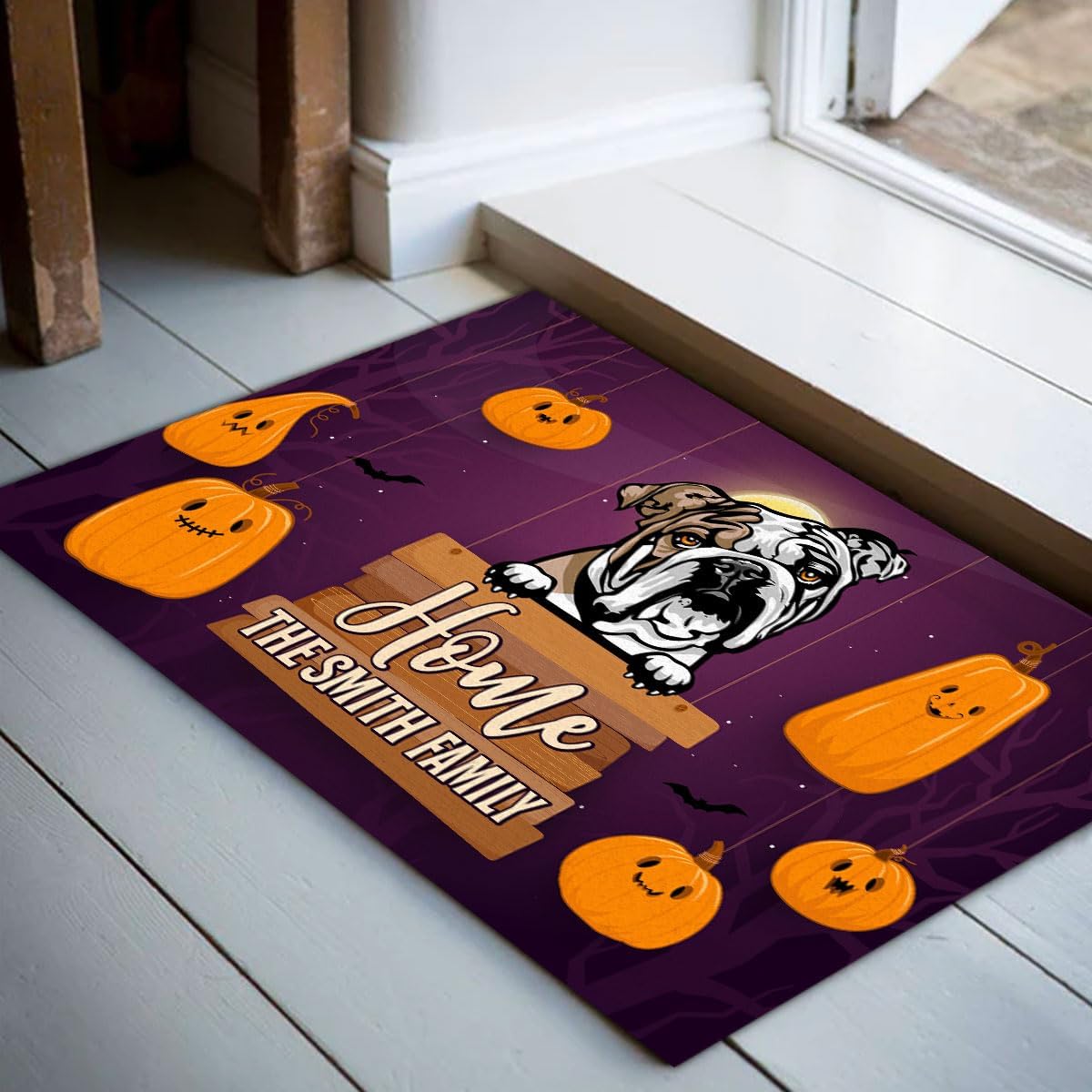 Kobalo Tapete personalizado de bulldog inglés, divertido tapete de Halloween para puerta de perro, calabaza aterradora, felpudo de bienvenida, para