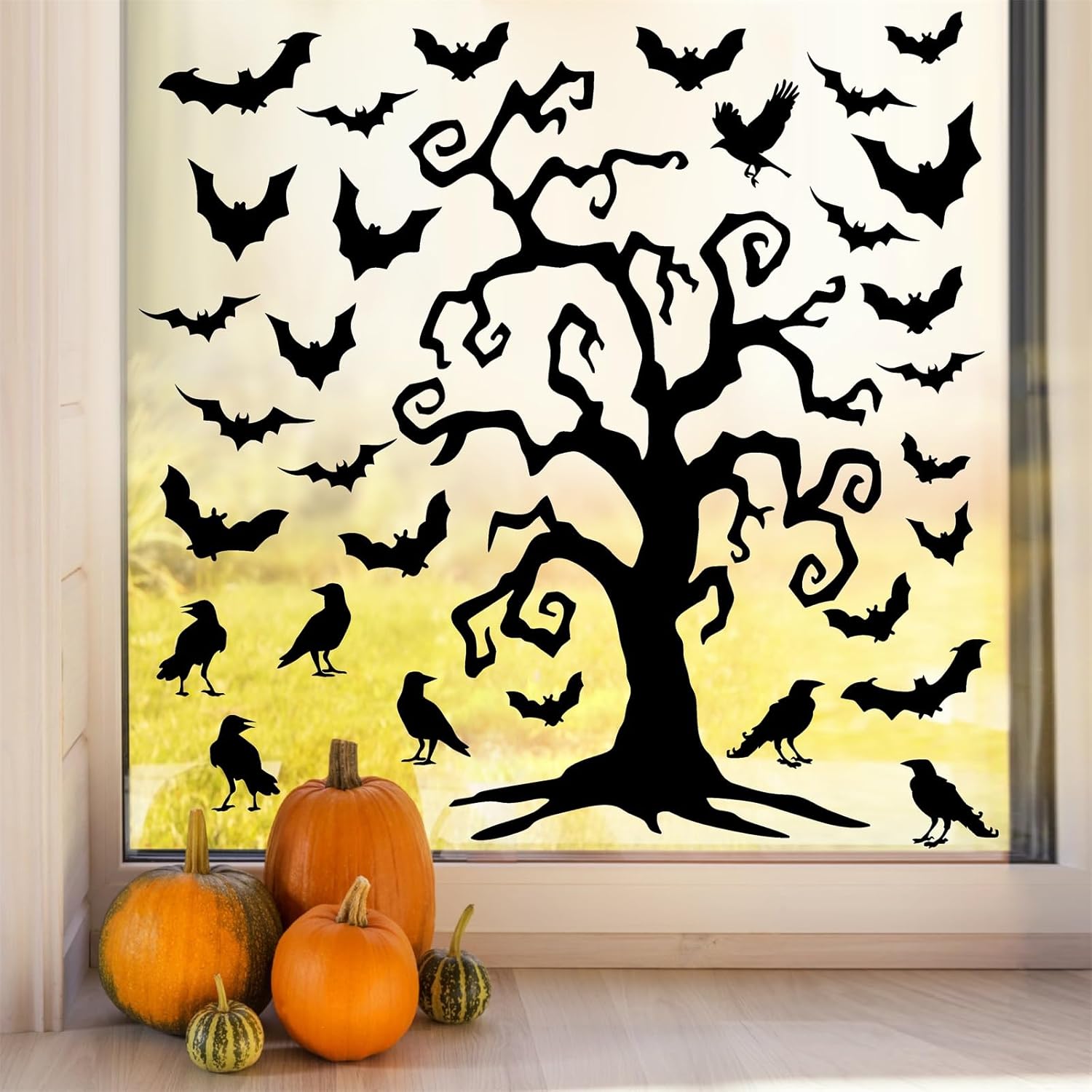 Calcomanías gigantes de Halloween para ventana, calcomanías de murciélagos para ventana de árbol de Halloween, calcomanías de decoración de pared de