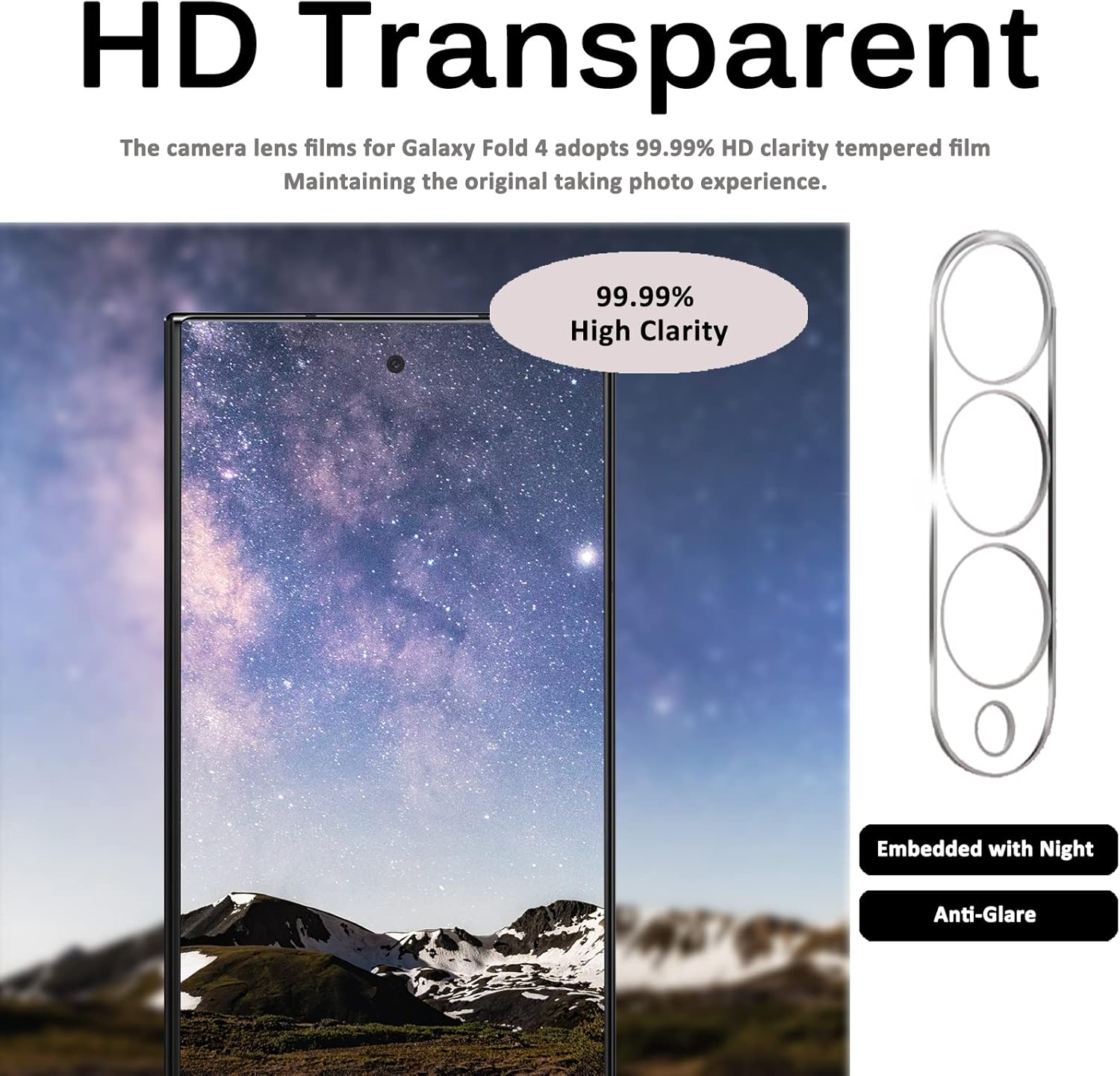 Miimall Paquete de 3 protectores de lente de cámara compatibles con Samsung Galaxy Z Fold 4, vidrio templado de dureza 9H, antiarañazos, película