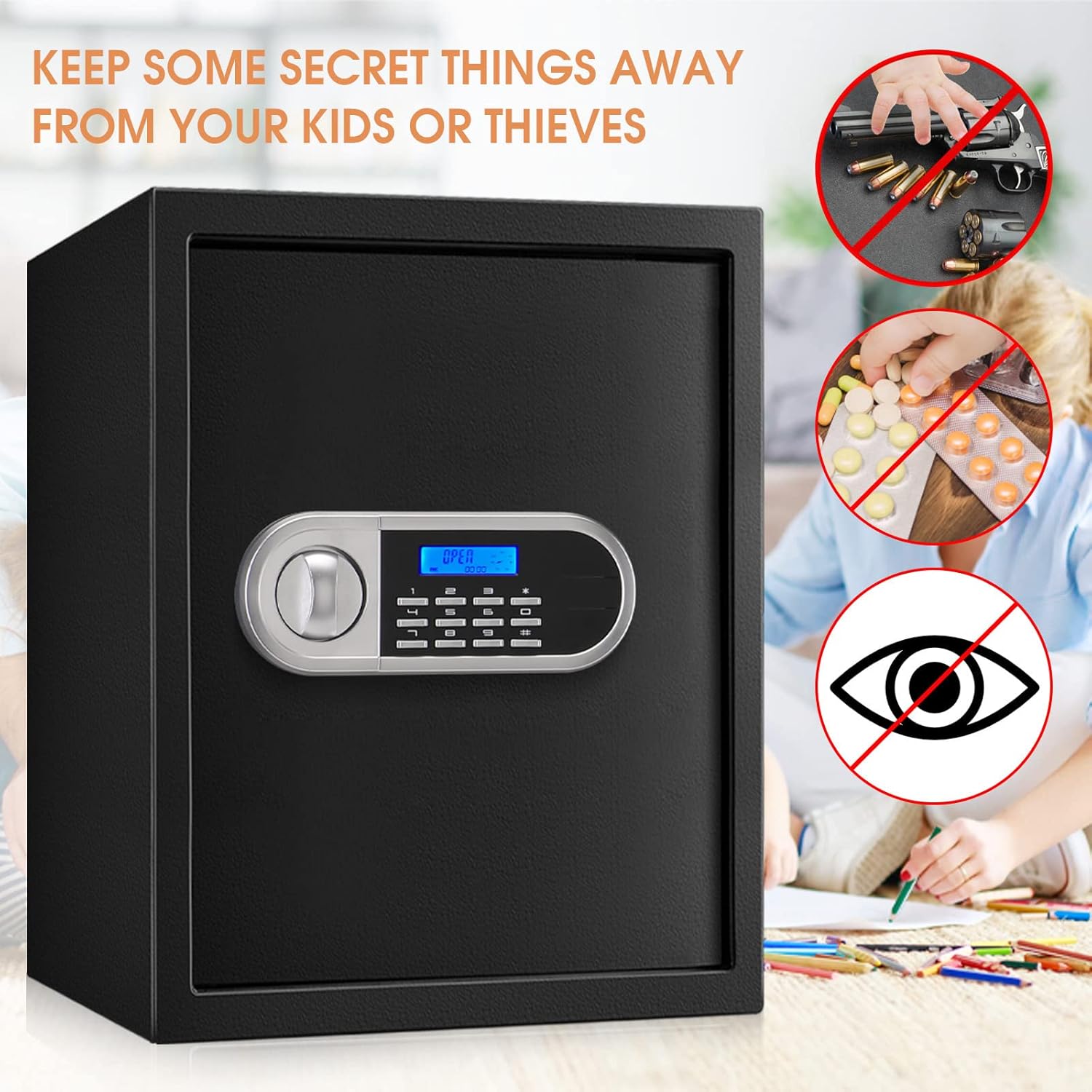 Caja fuerte de seguridad digital para el hogar de 2.5 pies cúbicos, impermeable, con teclado programable y estante extraíble, para documentos,