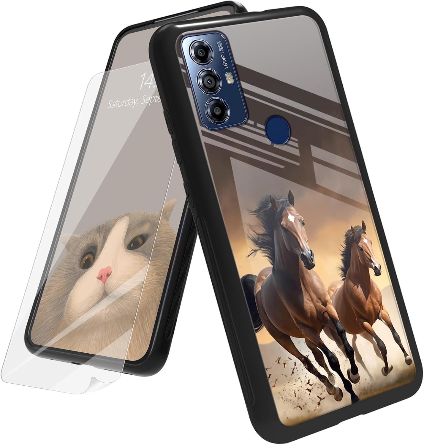 Funda para Motorola Moto G Play 2023 con protector de pantalla, parte trasera de vidrio templado + funda de silicona suave TPU absorción de golpes