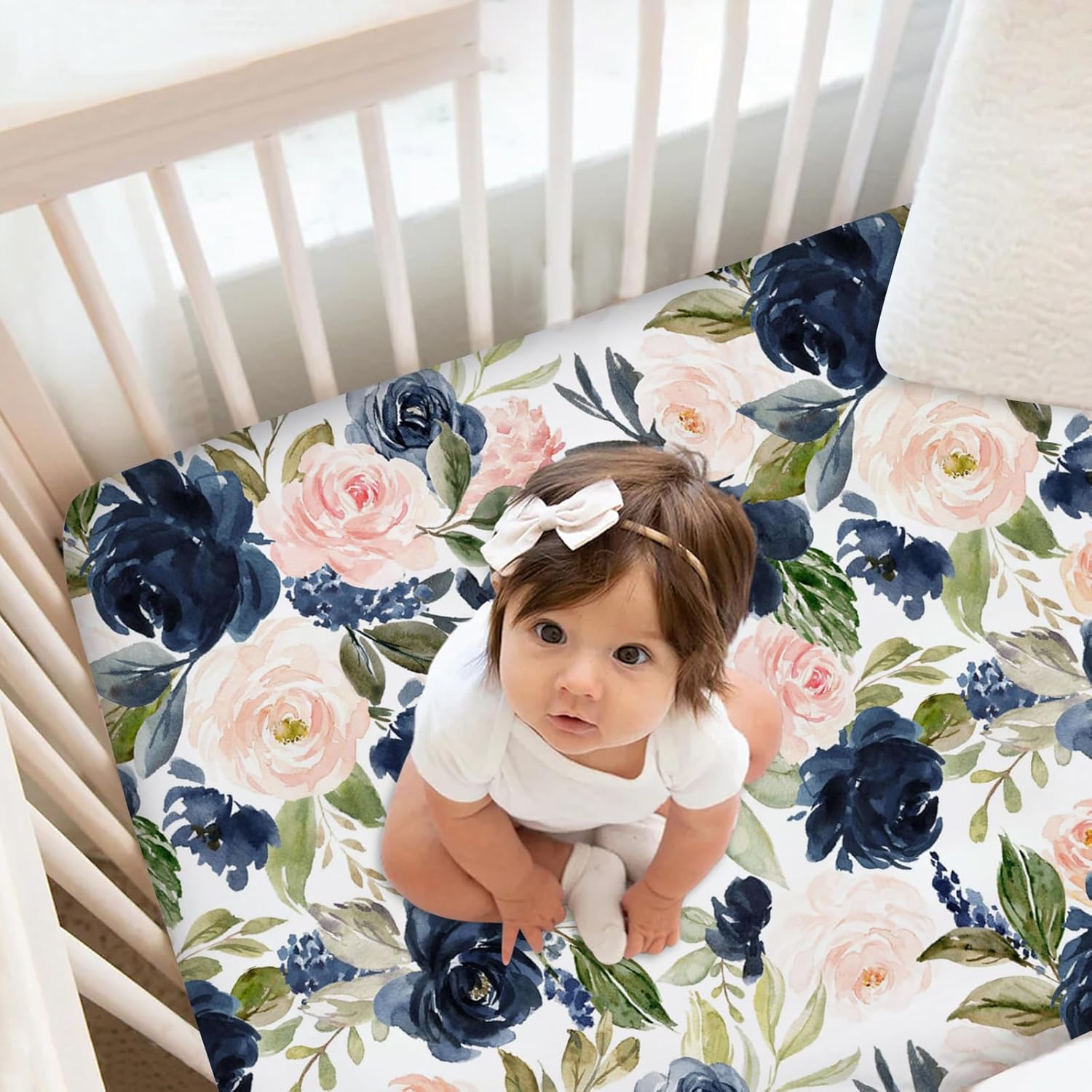 Juego de ropa de cama personalizado para cuna para niñas bebés, juego de ropa de cama personalizada para cuna, ropa de cama de guardería floral azul