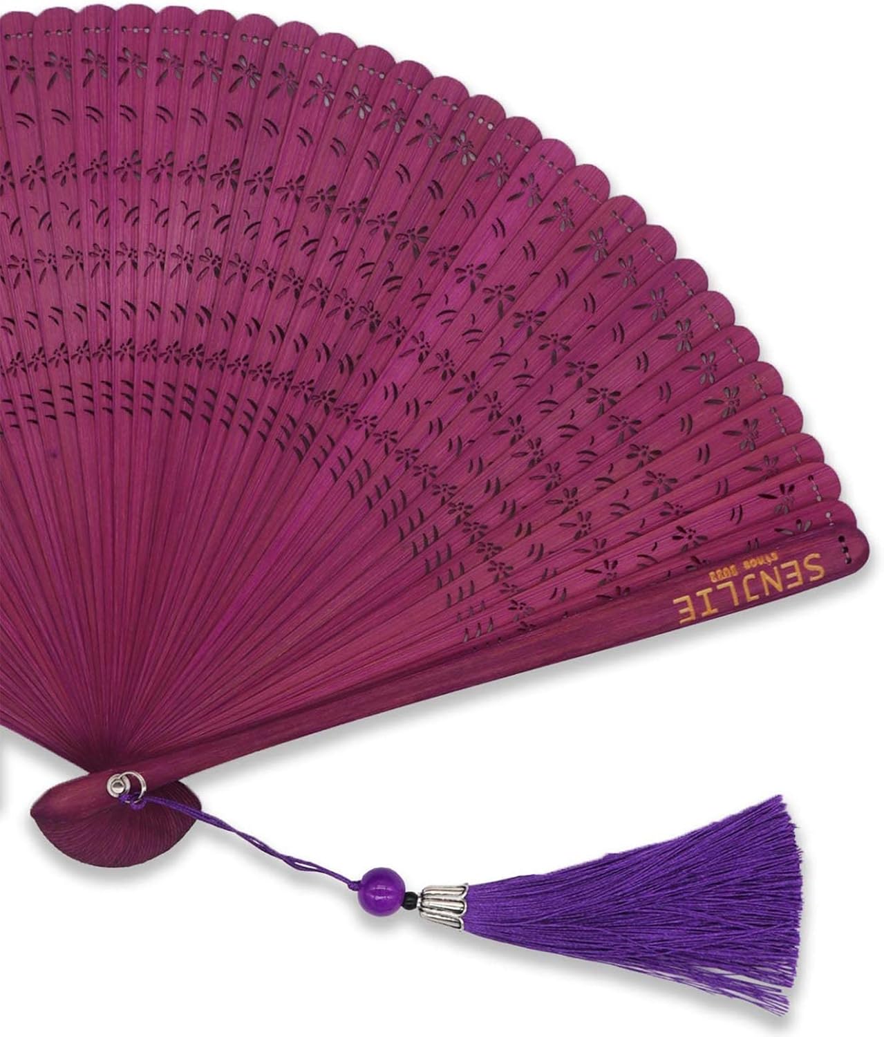 SENJLIE – Abanico plegable de bambú hecho a mano de 7 pulgadas (7.1in) para mujer, ventilador de mano plegable de madera chinajaponesa con bolsa de