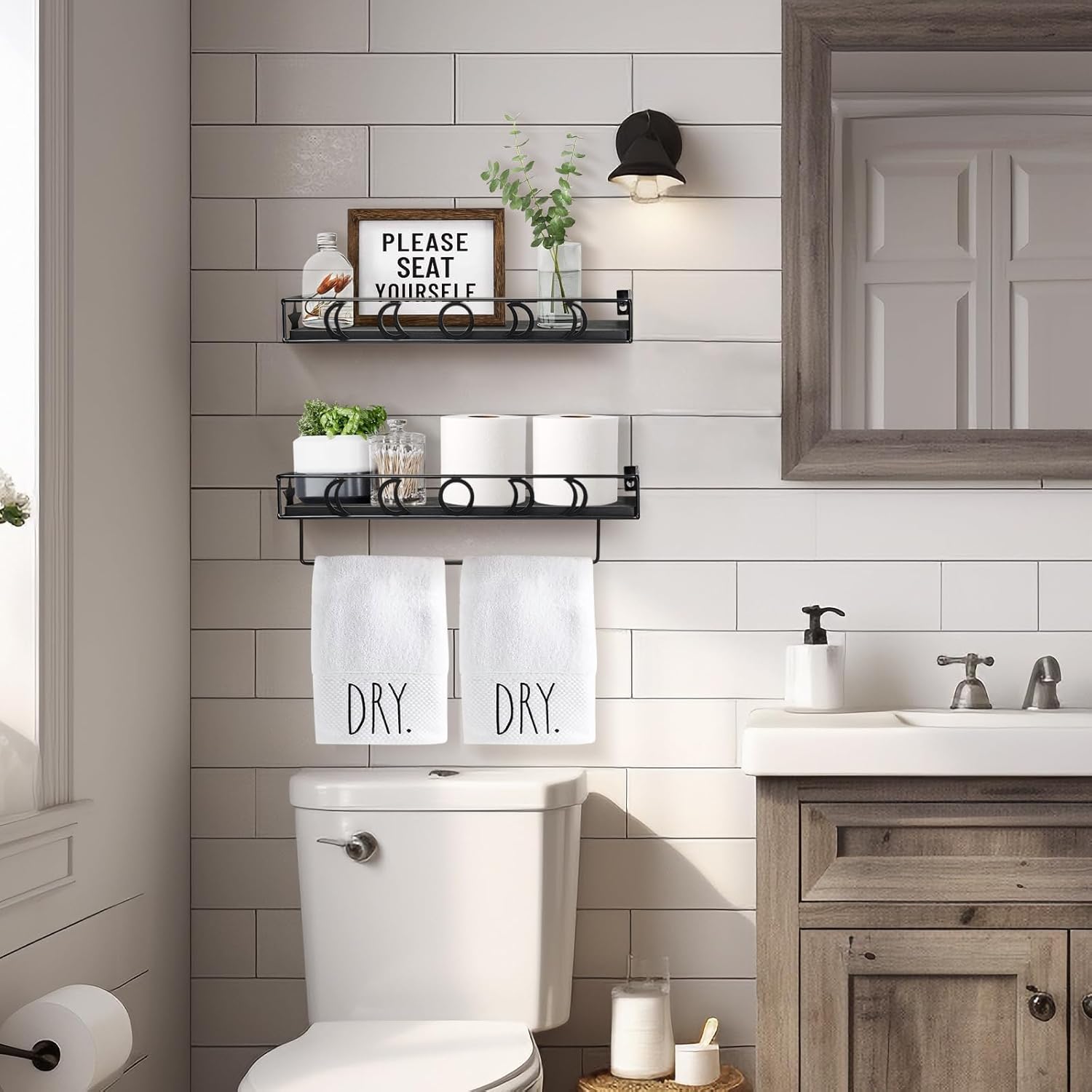 Y&ME YM Moon Phase – Estantes flotantes para baño, organizador de pared para baño, estantes de baño montados en la pared con toallero negro,