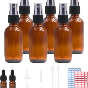 Omawrf 6 botellas rociadoras de vidrio ámbar Boston para aceites esenciales, botella vacía pequeña de niebla fina de 2 onzas con botellas Omawrf 6 botellas rociadoras de vidrio ámbar Boston para aceites esenciales, botella vacía pequeña de niebla fina de 2 onzas con botellas