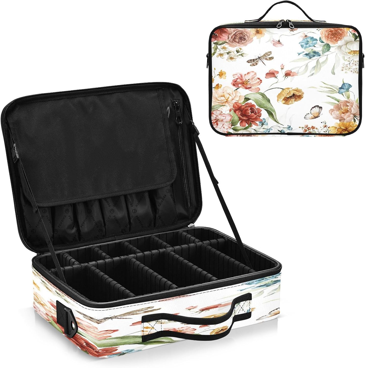 Pink Blush Flowers Green Leaves Branches Dragonfly zip cosmetic bag bags for women travel up bag organizator cute makeup bag bolso para maquillaje