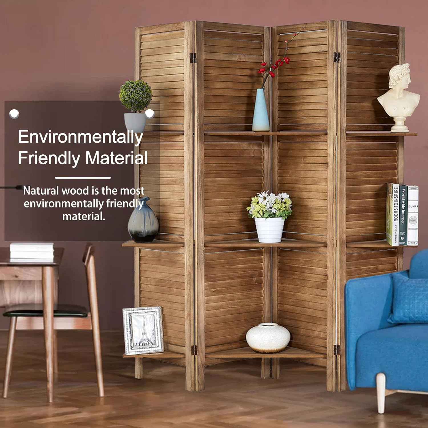 ROSE HOME FASHION Divisor de habitación de madera de 4 paneles de 5.6 pies, paneles de pantalla de privacidad plegables de madera, divisor de