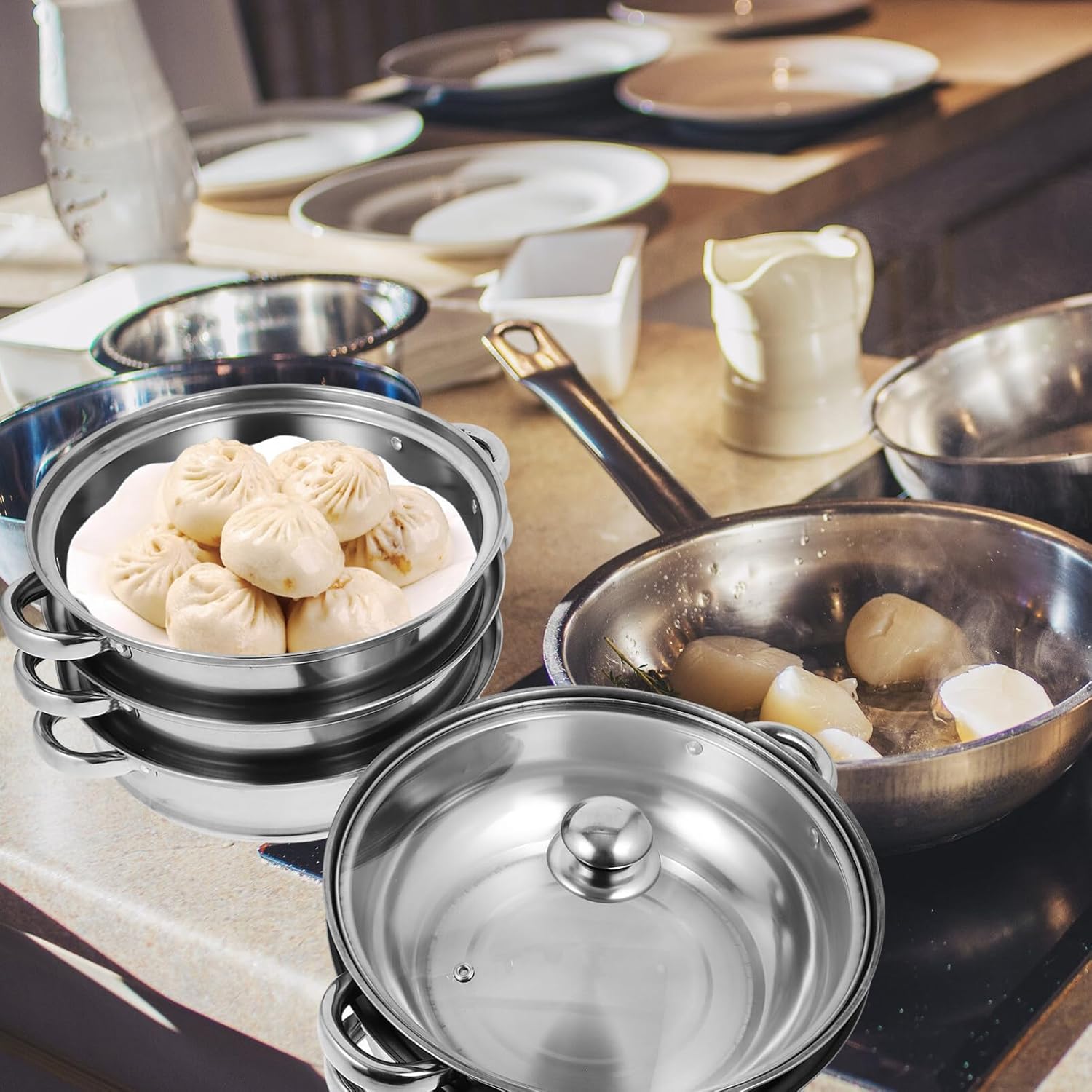 Angoily Vaporizador de alimentos Verduras asiáticas Olla grande Olla de sopa grande Ollas Utensilios de cocina Juegos de vapor para cocinar
