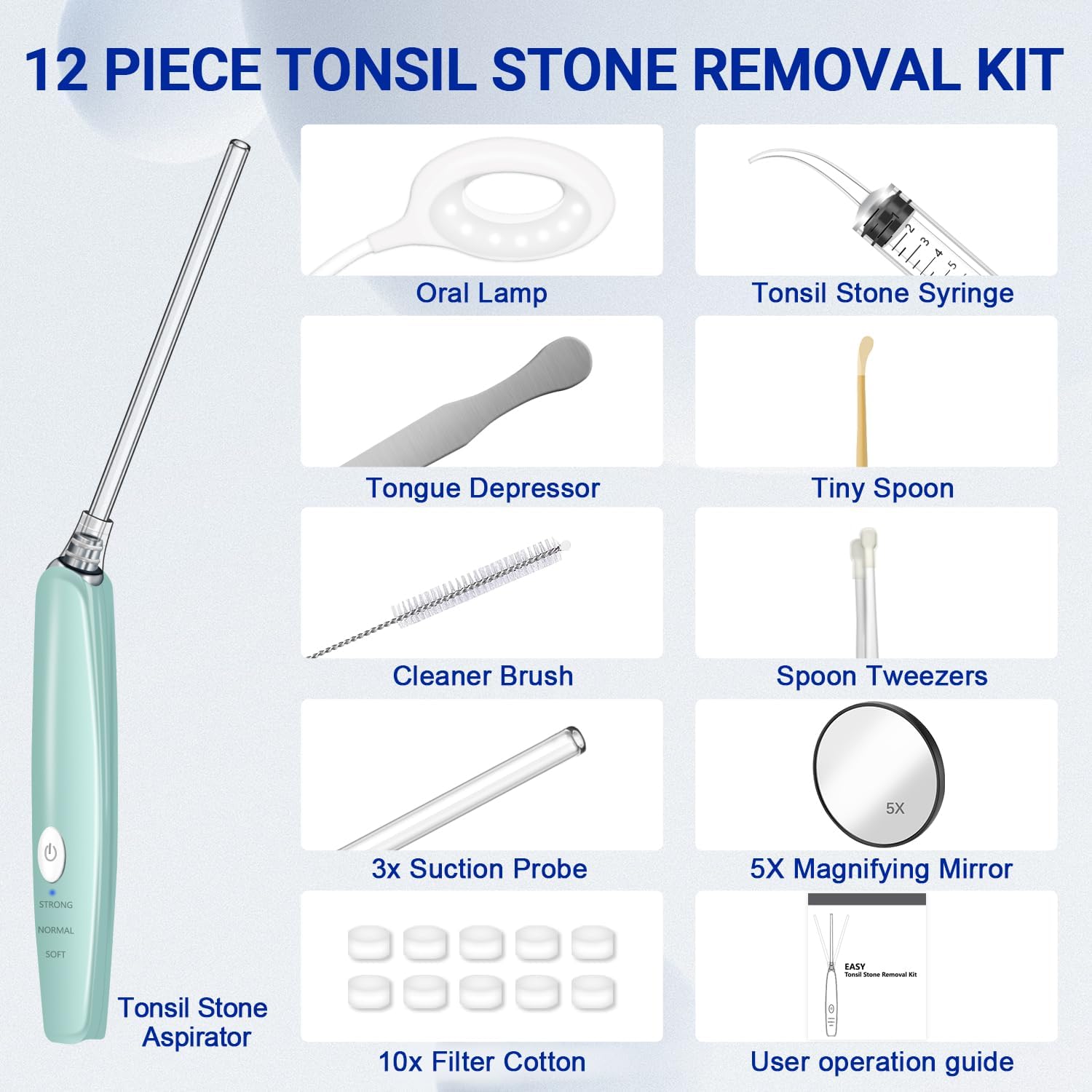 Kit electrónico de eliminación de piedras amígdalas, aspiradora 12 en 1 con 3 modos de succión y lámpara oral, espejo de aumento 5X, para