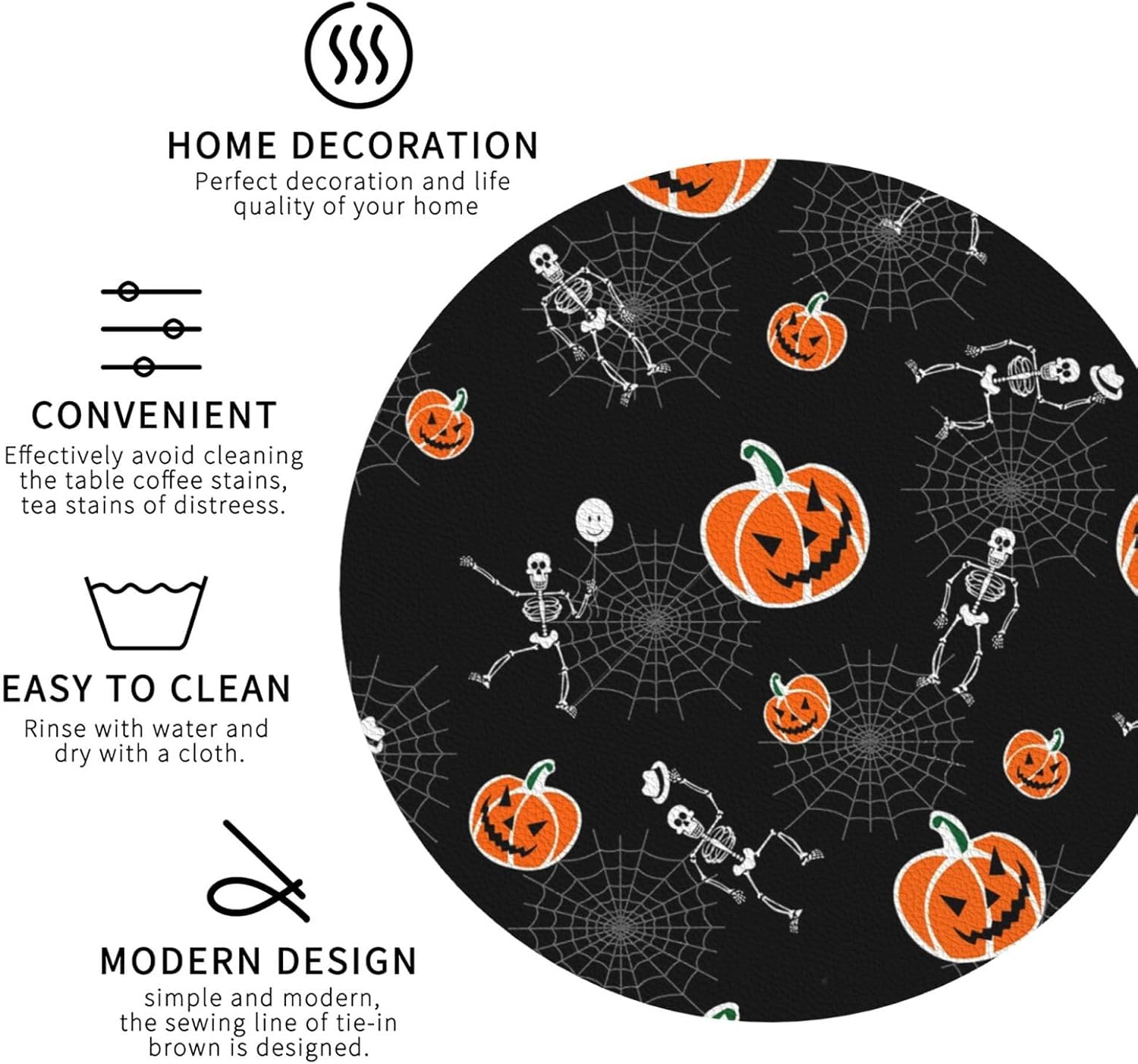 Juego de 6 posavasos de esqueleto de calabazas de Halloween para bebidas, posavasos de piel sintética absorbente para mesa auxiliar, decoración del