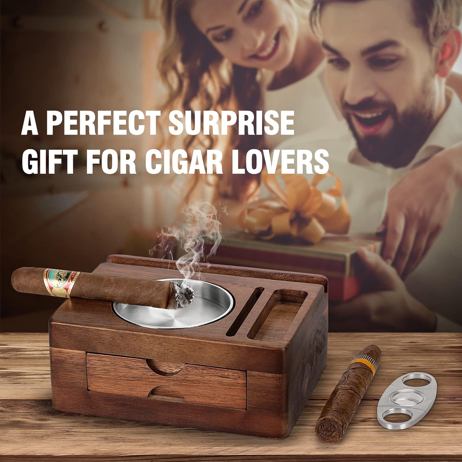 Cenicero de cigarros, ceniceros de madera con cortador de puros, soporte para tableta de teléfono, soporte para cigarrillos, cajón de accesorios y