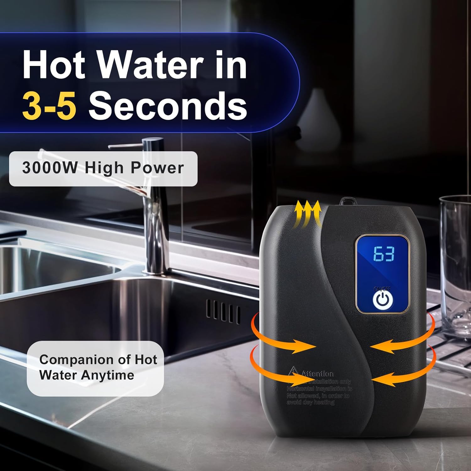 SNKOURIN Calentador de agua eléctrico sin tanque, 110 V, 3000 W, mini calentador de agua instantáneo sin tanque, calentador de agua debajo del