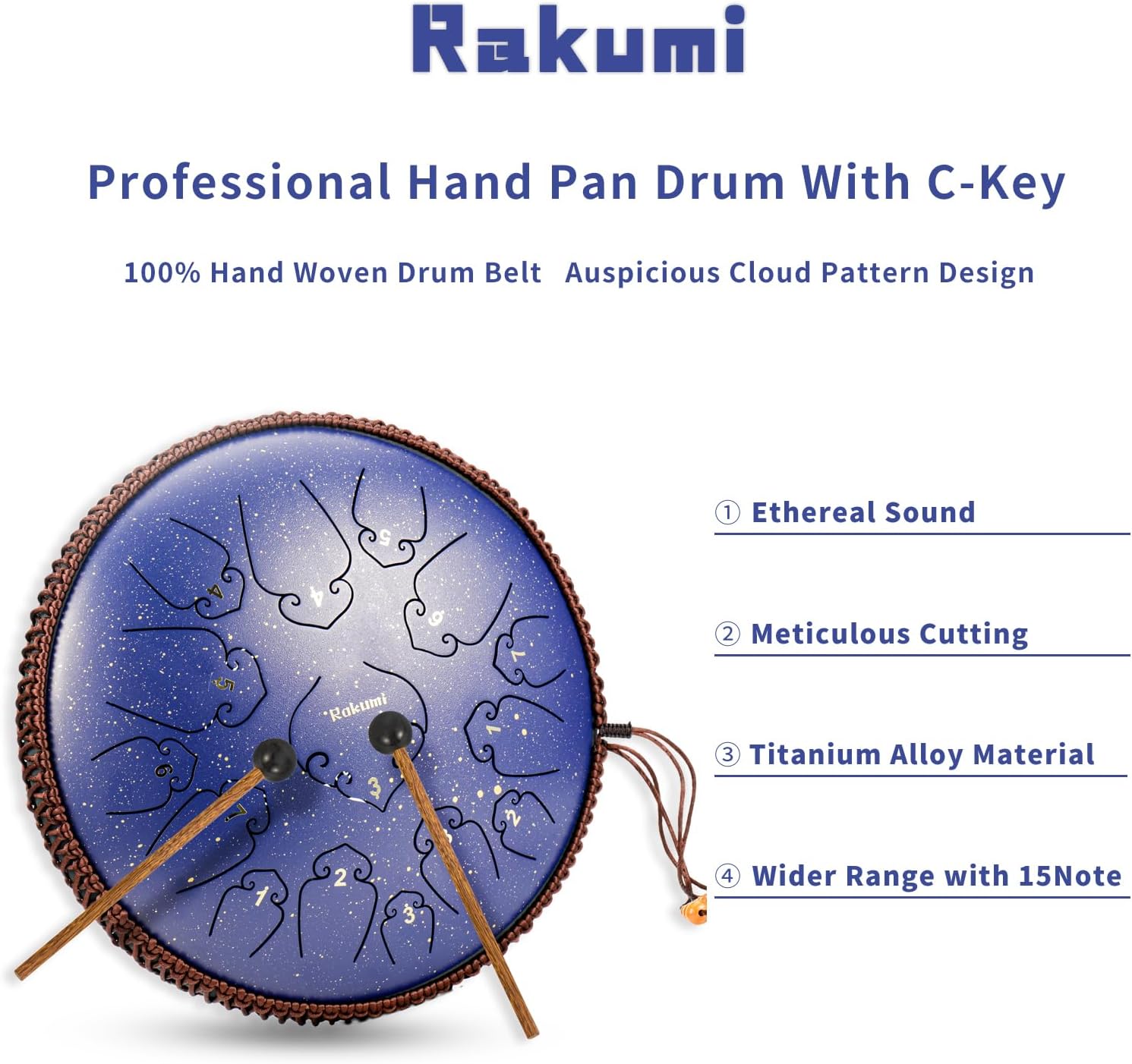 Tambor de lengua de acero de 14 pulgadas y 15 notas Instrumento de percusión Lotus Hand Pan Drum con gama ultra amplia y mazos de tambor Carry Ba
