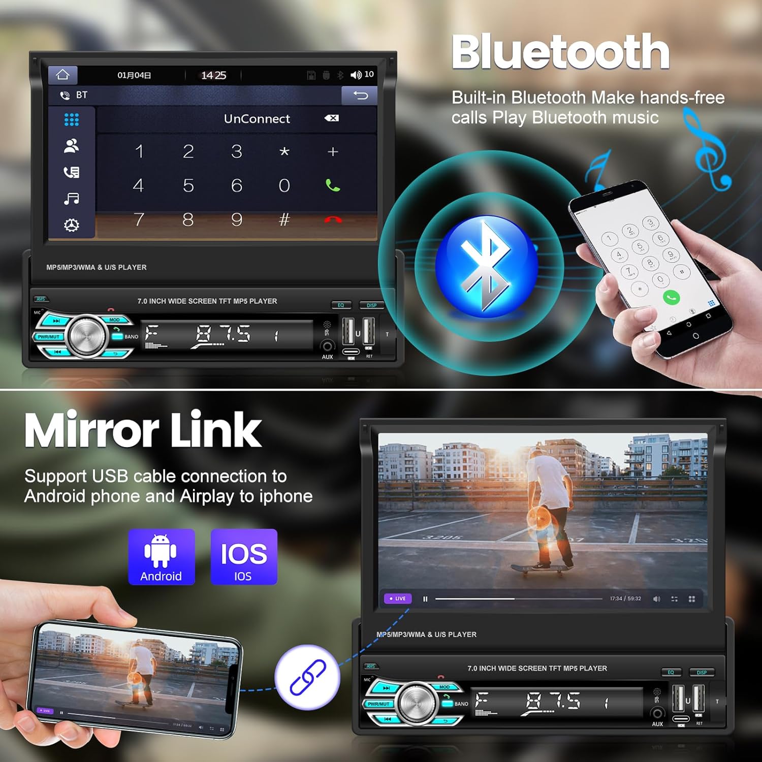 Radio de coche de un solo DIN con Bluetooth, Carplay inalámbrico y Android Auto, pantalla abatible de 7 pulgadas, soporte estéreo retráctil para