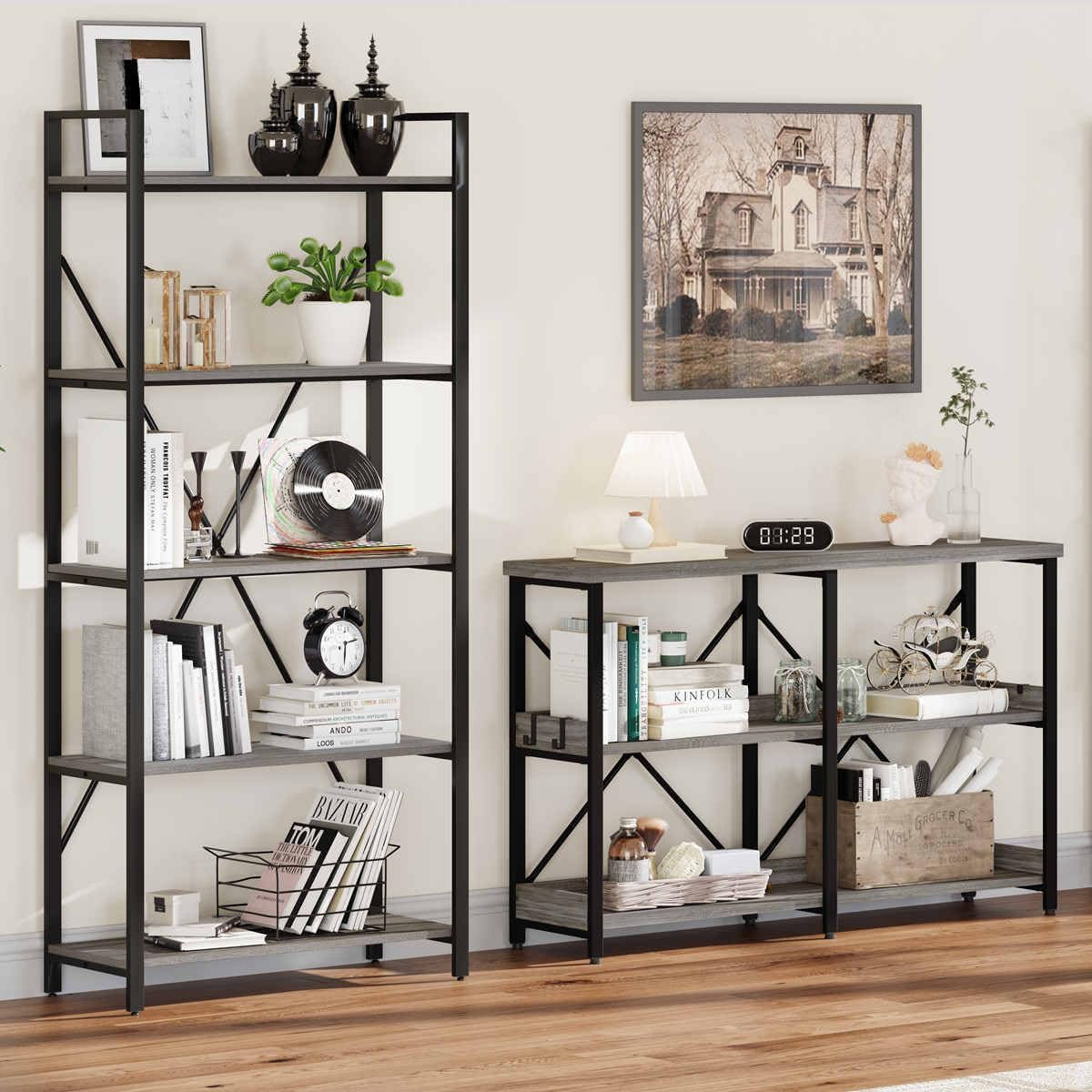 BON AUGURE Mesa consola industrial para sofá detrás del sofá, mesa de entrada de metal de madera con estantes, mesas estrechas de 3 niveles para