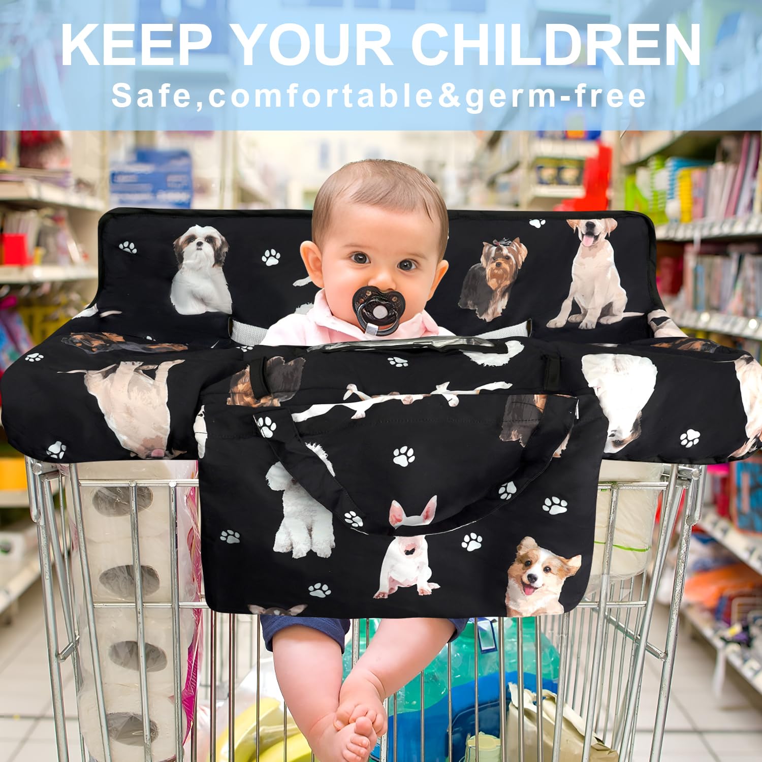 Funda negra para carrito de compras para bebé, funda para silla alta 2 en 1, con arnés de seguridad, multifuncional, patrón de perro, fundas para